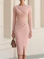 Pink long-sleeved midi dress with elegant ruched waist and front slit for formal events - S / Dresses / Pink