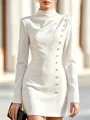 Elegant white long sleeve mock neck dress featuring decorative gold buttons and draping details. - S / Dresses / White