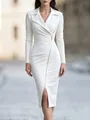 Elegant white long sleeve dress with suit lapel and diagonal zipper for office workplace - S / Dresses / White