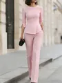 Elegant pink two-piece professional suit set with asymmetrical hem and straight trousers - S / Top And Bottom / Pink
