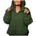 Vista dettagliata di un anorak imbottito con cappuccio trapuntato verde scuro da donna - Verde militare