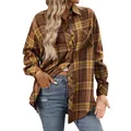 Retro women's long-sleeve flannel shirt featuring brown and yellow plaid pattern design - S / Tops / Earthy Yellow