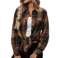 Vintage brown plaid long sleeve button up shirt for women with tied waist detail - S / Tops / Yellow and Black