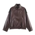 Dunkelbraune Oversize-Damenjacke aus PU-Leder im Biker-Stil mit modischem Stehkragen - S / Oberteile / Khaki