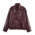 Modische bordeauxrote Oversize-Kunstlederjacke für Damen im lässigen Biker-Stil - S / Oberteile / Burgunderrot