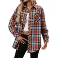 Women's multi-color plaid long-sleeve retro button-down shirt for casual autumn wear - S / Tops / Orange-Blue