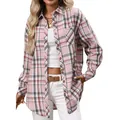 Casual pink and white plaid long-sleeve shirt for women with a button-down front. - S / Tops / Light Pink