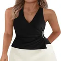 Women's summer black sleeveless V-neck sexy cross halter backless top with ring - S / Tops / Black