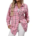 Casual pink plaid long-sleeve button-down shirt for women in a vintage style - S / Tops / Pink