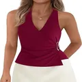 Elegant burgundy sleeveless V-neck wrap top for women with gold ring accent detail - S / Tops / Burgundy