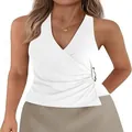 Elegant white sleeveless V-neck wrap top with side pleats and halter neck design - White