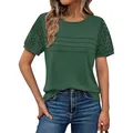 Elegante t-shirt da donna verde scuro con maniche corte in pizzo e dettaglio pieghe - Taglia S / Top / Verde militare
