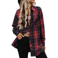 Women's classic long-sleeve red and blue plaid retro button-down shirt for autumn wear - S / Tops / Black Red