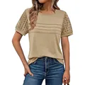 Elegante t-shirt kaki a girocollo con maniche corte in pizzo traforato e vestibilità - Taglia S / Top / Kaki