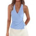 Sexy light blue sleeveless V-neck cross halter backless top for women - Sky Blue