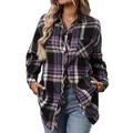 Classic women's purple and black plaid long-sleeve button-down shirt with retro style - S / Tops / Black Purple