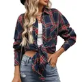 Vintage navy blue plaid long sleeve shirt for women featuring a stylish knotted waist design - S / Tops / Sapphire Blue