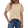 T-shirt da donna beige elegante con maniche in pizzo traforato e scollo rotondo - Albicocca