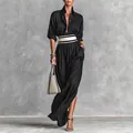 Elegantes schwarzes Maxikleid mit Vintage-Revers und hohem Beinschlitz für Damen - XS / Schwarz