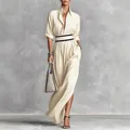 Elegantes französisches Vintage-Maxikleid in Creme mit hohem Schlitz und Taillenband-Detail - XS / Aprikose