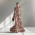 Elegant white and burgundy floral printed ruched maxi dress for formal evening events - S / Dresses / Burgundy