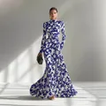 Elegant blue and white floral print long sleeve ruched maxi dress evening gown for women - S / Dresses / Blue