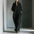 Elegant minimalist black V-neck maxi dress with loose fit and mid-sleeves. - S / Dresses / Black