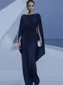 Elegant navy blue draped evening gown with cape sleeves and slim fit silhouette for women. - S / Dresses / Navy Blue