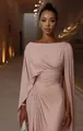 Elegant mauve pink evening gown with pleated cape sleeve and slim fit design - S / Dresses / Lotus Pink
