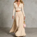 Κομψό μπεζ σετ δύο τεμαχίων με μακρυμάνικο crop top και αέρινη μάξι φούστα για γυναίκες - S / Τοπ Και Παντελόνι / Βερικοκί