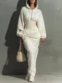 Detailed view of a cream hooded smocked waist long-sleeve maxi dress with bag. - S / Dresses / White