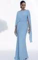 Elegant light blue evening gown with draped bodice and flowing cape-style sleeves - S / Dresses / Light Blue