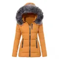 Chaqueta acolchada amarilla de invierno para mujer con capucha de pelo sintético gris y cremalleras - S / Parte Superior (N4970) / Amarillo