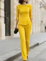 Elegant yellow two-piece business suit with a peplum top and slim-fit trousers. - S / Top And Bottom / Yellow