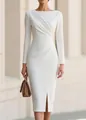 Elegant white boat neck midi dress with long sleeves, pleated waist and front slit. - S / Dresses / White