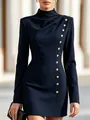 Detailed view of navy blue high-neck dress with decorative gold buttons and draping - S / Dresses / Navy Blue
