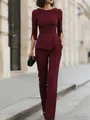Elegant burgundy professional two-piece suit with asymmetrical top and tailored pants. - S / Top And Bottom / Burgundy