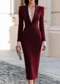 Elegant burgundy bodycon dress featuring a suit collar and delicate white lace patchwork. - XS / Dresses / Burgundy