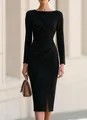 Elegant black boat neck long sleeve dress with pleated waist and front slit detail - S / Dresses / Black