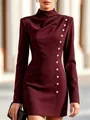 Detail of elegant burgundy high-neck mini dress featuring decorative gold buttons and draping - S / Dresses / Burgundy