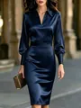 Elegant navy blue satin V-neck dress with long lantern sleeves and slim fit design. - S / Dresses / Navy Blue