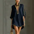 Elegant navy blue holiday mini dress with gold braided trim and V-neckline - XS / Dresses / Dark Blue
