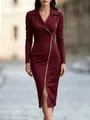 Elegant burgundy long-sleeved blazer midi dress with a unique diagonal gold zipper detail. - S / Dresses / Burgundy