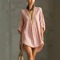 Elegant bohemian pink resort dress with deep V-neck and golden braided trim detailing - XS / Dresses / Pink