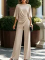 Elegant beige two-piece set featuring a draped waist top and matching wide leg pants - Off White