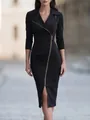 Elegant black long-sleeved dress detail with suit lapel and gold asymmetrical zipper - S / Dresses / Black