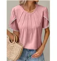Women's casual summer pink crew neck t-shirt featuring elegant tassel tulip sleeves - Pink