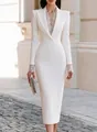 Elegant white suit collar bodycon midi dress with delicate lace patchwork sleeves. - XS / Dresses / White