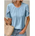Light blue casual women's summer T-shirt with round neck and tulip pom-pom sleeves - Teal