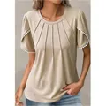 Beige casual round neck t-shirt with pleated front and pom-pom trim tulip sleeves - Apricot